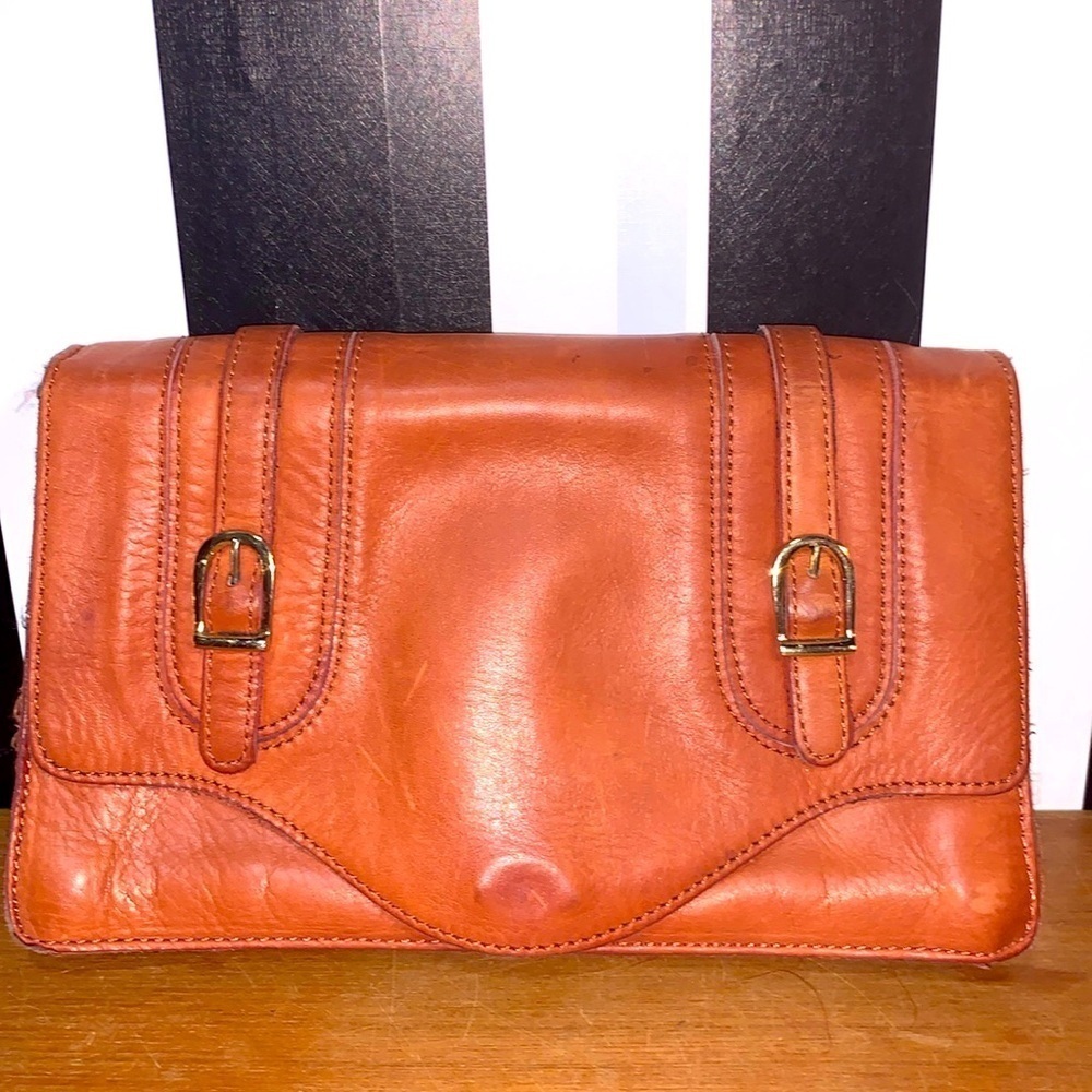 Vintage 70s Brown Genuine Leather Clutch Purse Envelope Style Hand Bag